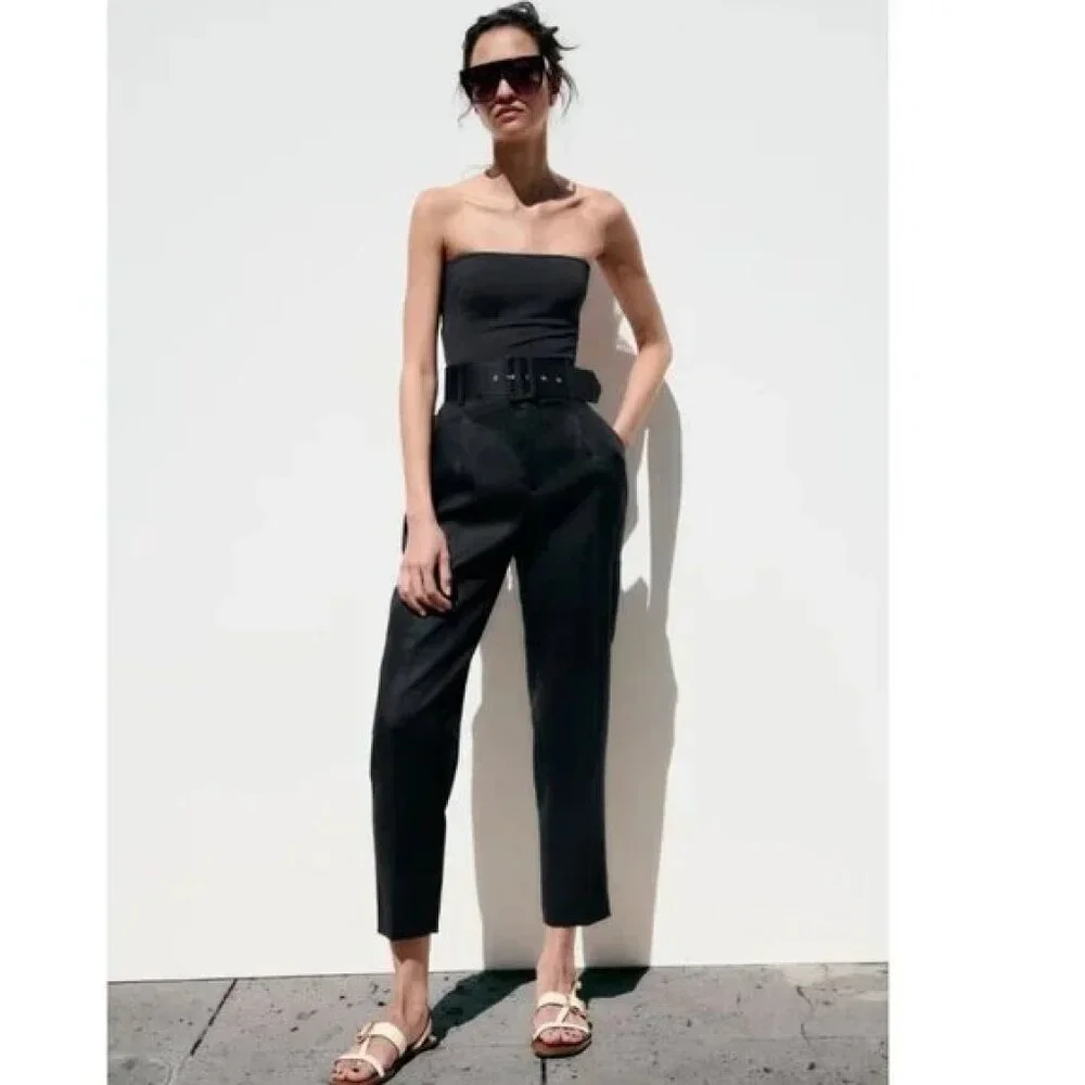Zara Linen Trousers with Lined Belt Sz XS NWT